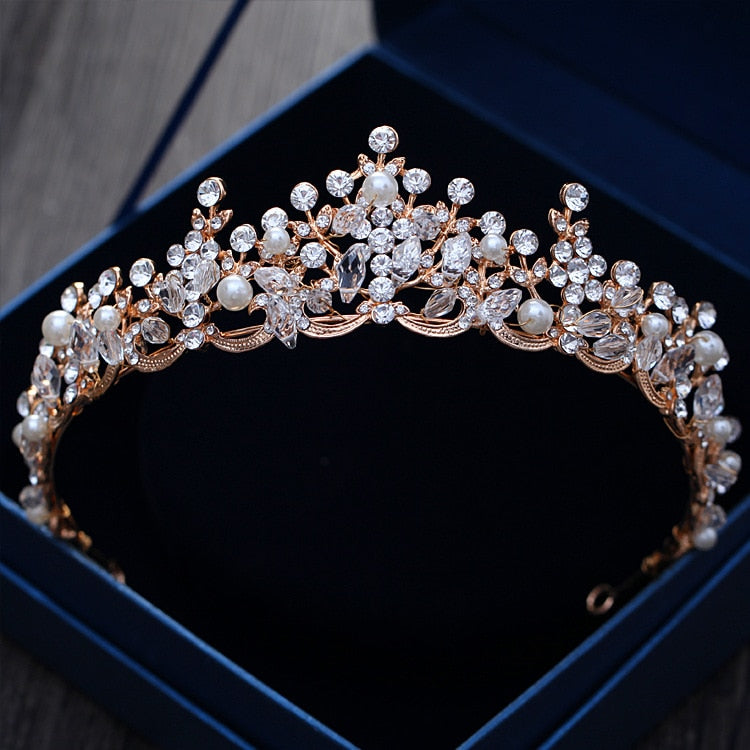 Luxury Elegant Crystal Pearl Bridal Crown Woman Tiaras Hair Jewelry Ornaments Hairwear Bride Headbands Wedding Hair Accessories