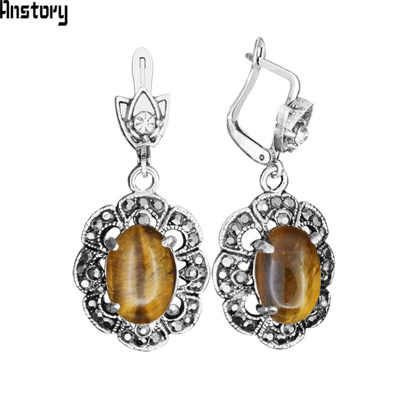 Pflaume Blume Anhänger Natürliche Tiger Eye Halskette Ohrringe Schmuck-Set Strass Vintage Mode Schmuck Für Frauen TS403