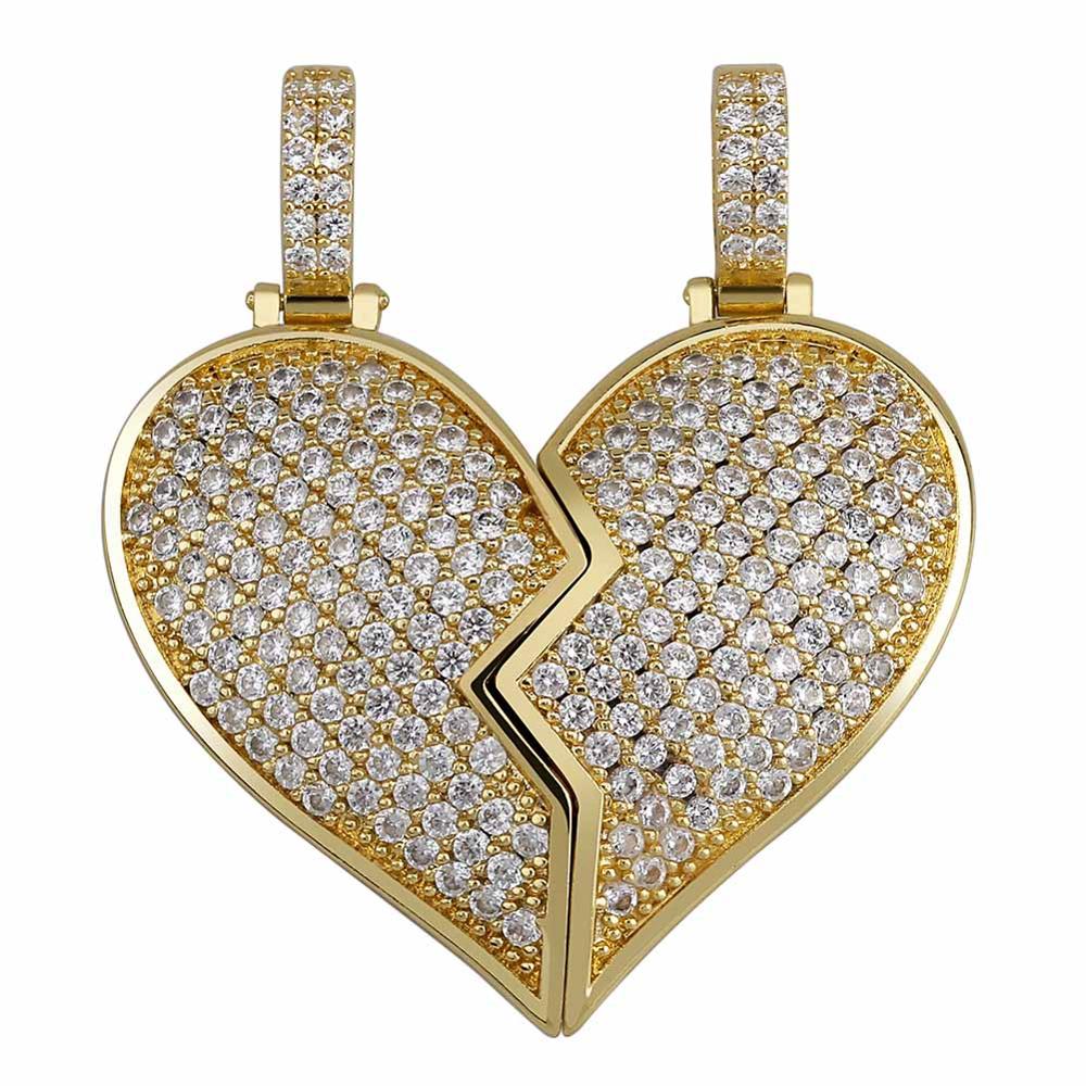 Solid Back Heart Broken With Magnet Iced Out Pendant Necklace Mens/Women CZ Chains Hip Hop Gold Silver Color Charms Jewelry Gift