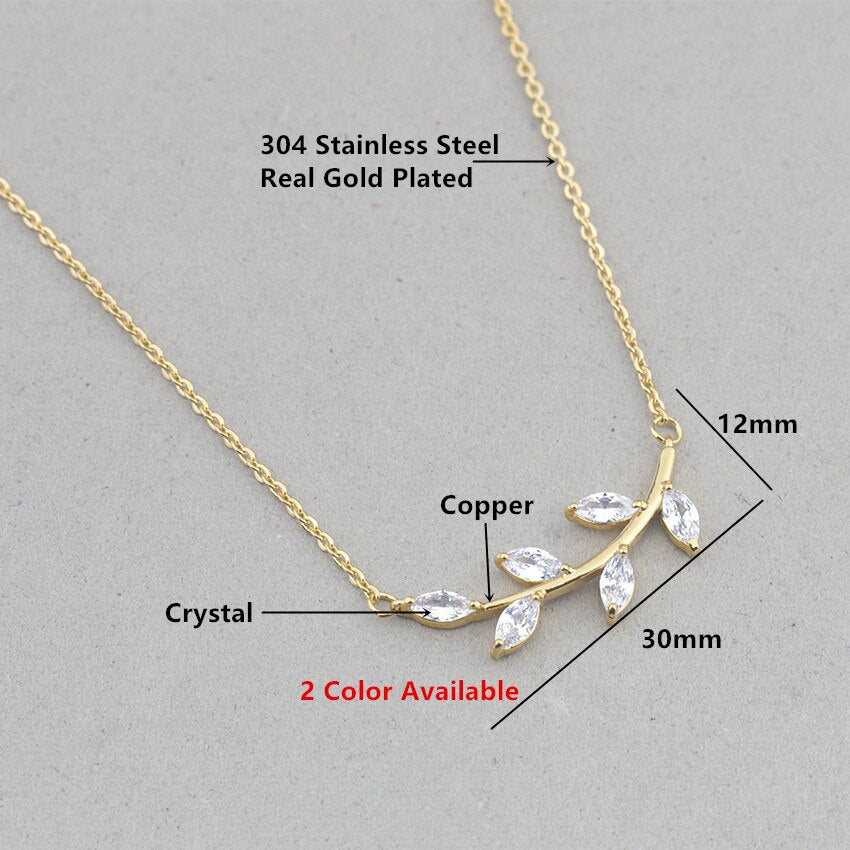 Dainty Crystal Branch Leaf Pendant Necklace Women Men Bff Gift Elegant Jewelry Stainless Steel Chain CZ Plant Collares