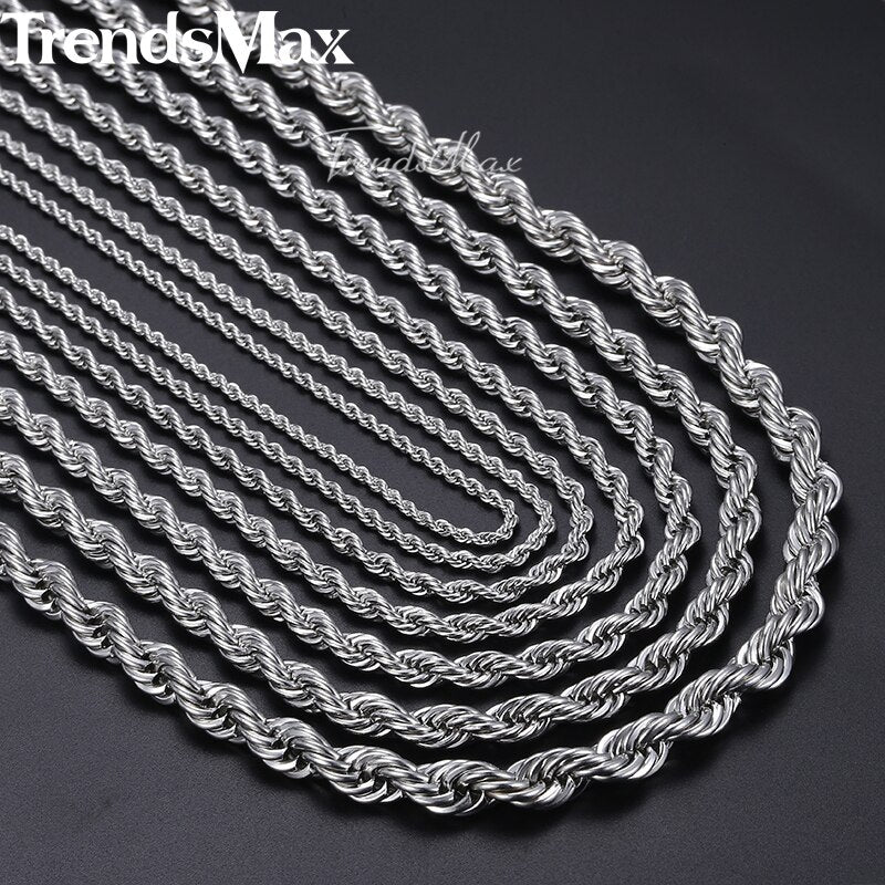 20-26inch Rope Chains Necklace For Men Women Silver Color Stainless Steel Necklace Men&#39;s Jewelry Wholesale KNM132