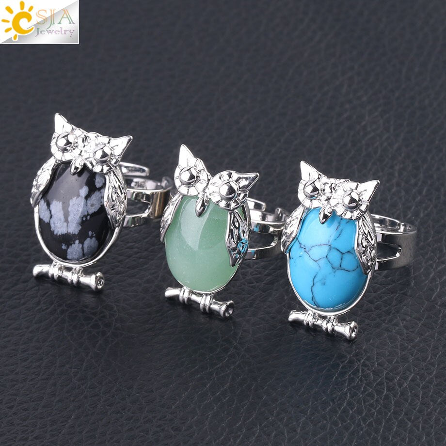 CSJA Lovely Owl Women Finger Ring Natural Stone Cabochon Bead Adjustable Rings Silver-color Cute Animal Charm Party Jewelry F566