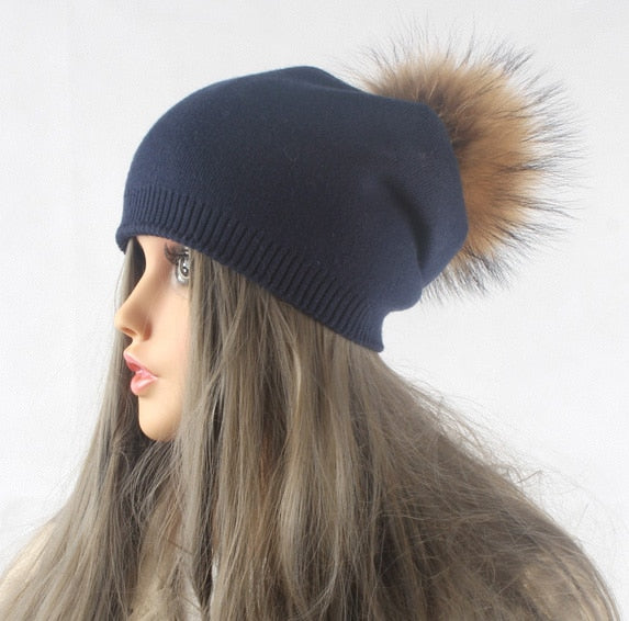 Autumn Winter Pompom Beanie Hat Women Wool Knitted Skullies Beanies Casual Female Cashmere Cap Real Raccoon Fur Pompom Hat