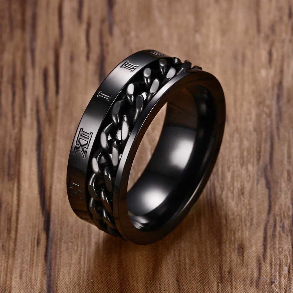 Men&#39;s Rings, Roman Number with Cuban Chain Band, 8MM Stainless Steel Spinner Ring ,Male Jewelry