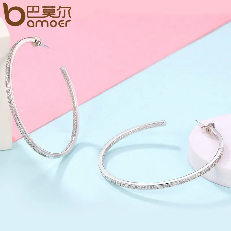 BAMOER New Collection Silver Color Luminous Clear CZ Circle Hoop Earrings for Women Fashion Earrings Jewelry Gift YIE115