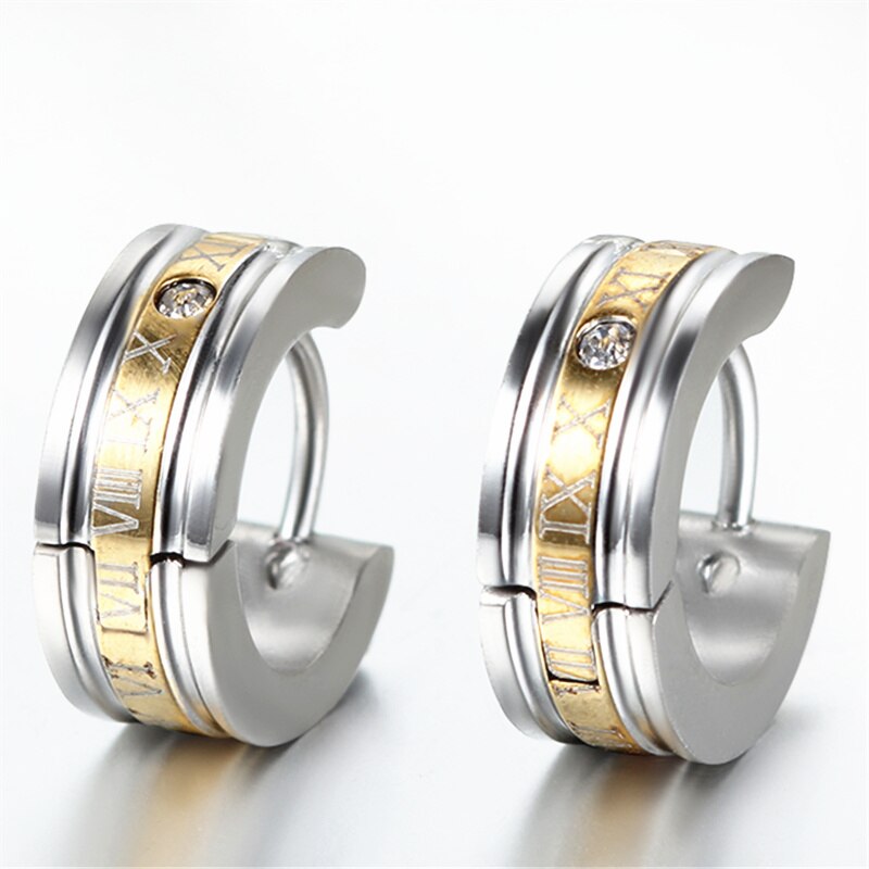 1 pair Fashion Men&#39;s Stainless Steel Earring Roman Numeric Engrave Hoop earring For Boys Gold Blue Black Colors brincos argola