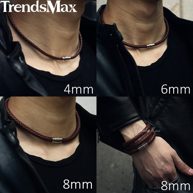 Men&#39;s Choker Necklace Black Brown Braided Leather Necklace for Men Stainless Steel Magnetic Clasp Male Jewelry Gifts UNM27A