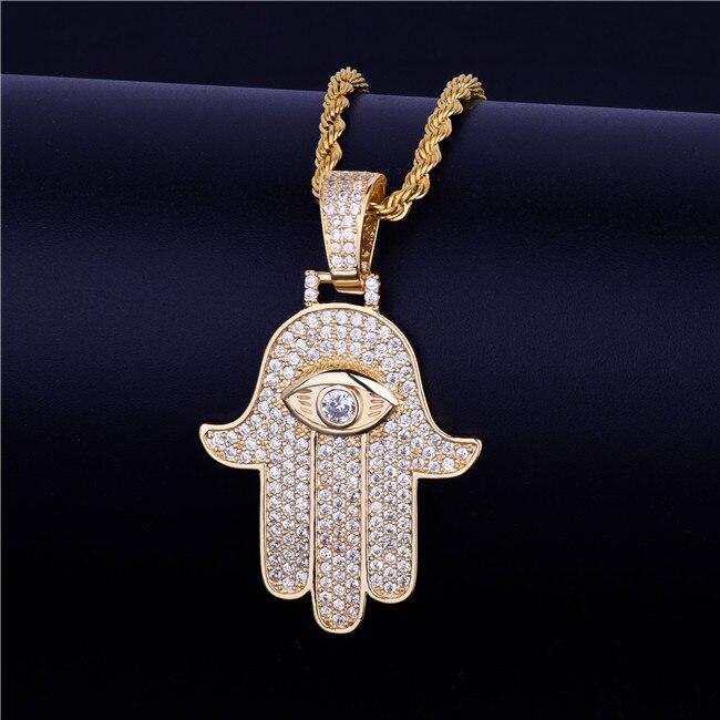 Iced Hand Pendant Necklace Gold Color Cubic Zircon Men&#39;s Hip Hop Jewelry