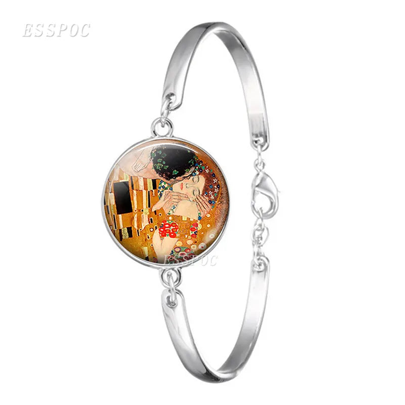 Klimt Bracelet Chain Glass Cabochon Jewelry Art Oil Painting Bangle Klimt&#39;s Kiss Mom and Child Mother Day&#39;s Gifts