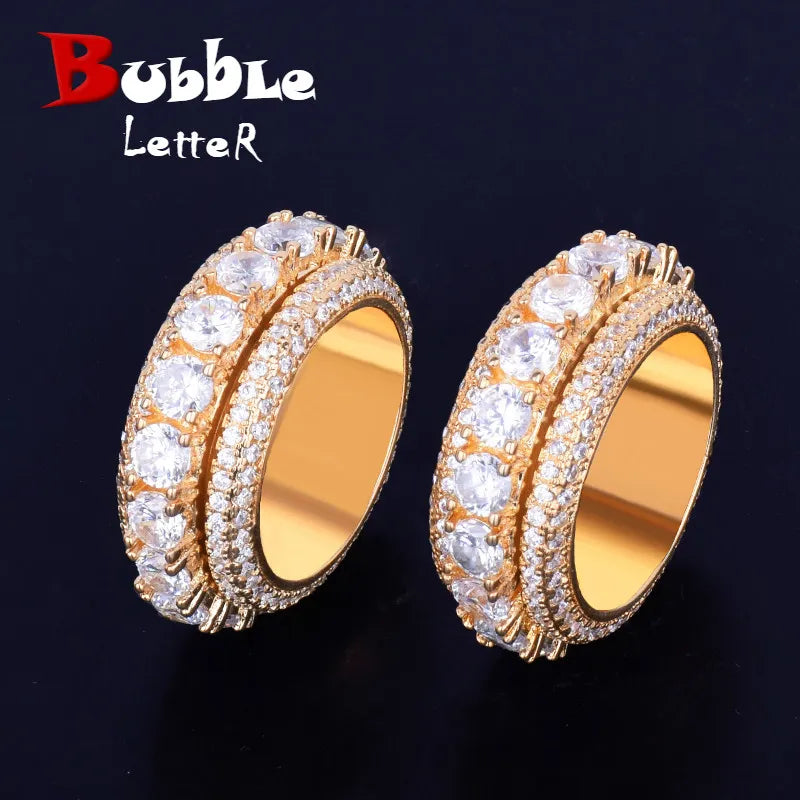 Rotating Men Ring Copper Charm Gold Color Cubic Zircon Fashion Hip Hop Jewelry