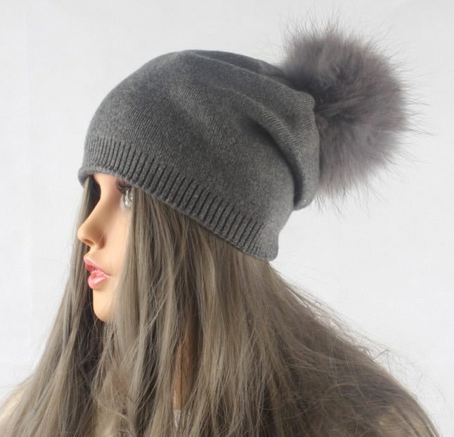 Autumn Winter Pompom Beanie Hat Women Wool Knitted Skullies Beanies Casual Female Cashmere Cap Real Raccoon Fur Pompom Hat