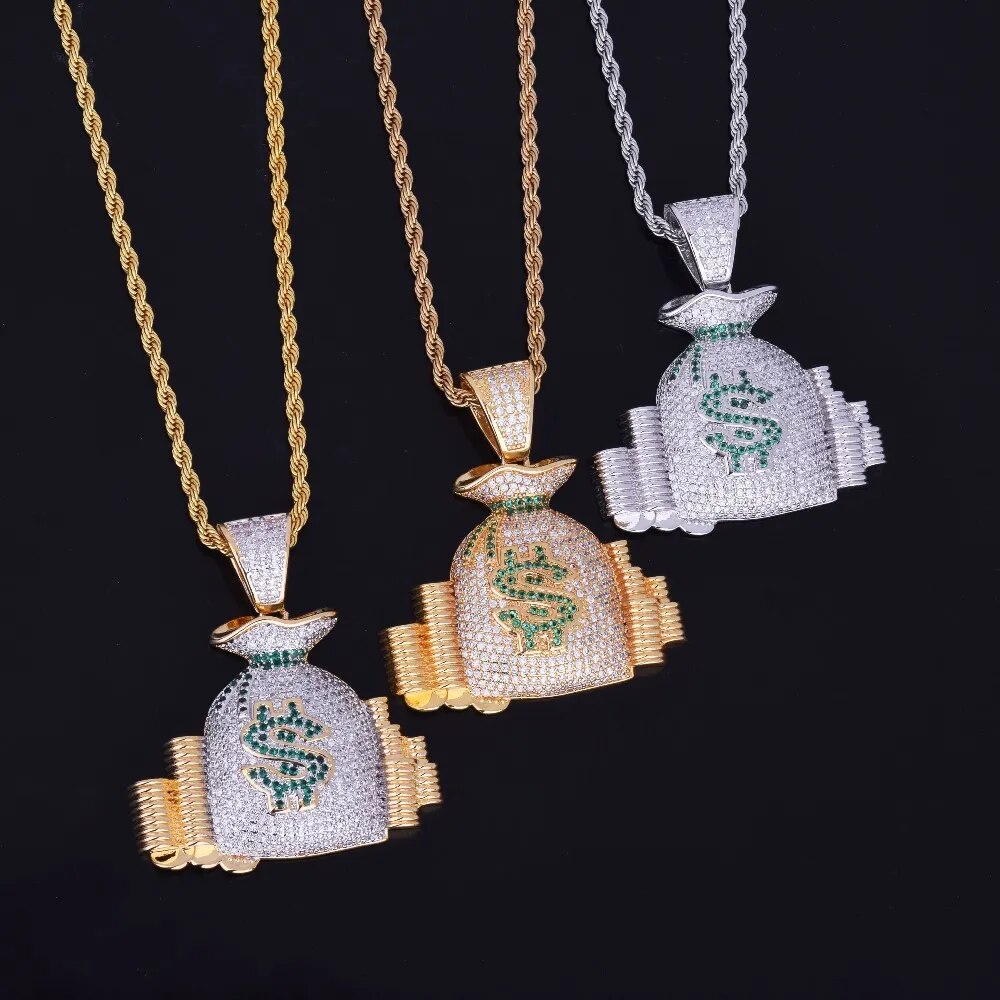 Money Bag Pendant Necklace Gold Color Cubic Zircon Men&#39;s Hip Hop Jewelry