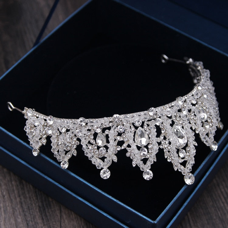 Baroque Luxury Rhinestone Beads Bridal Crown Tiaras Silver Color Crystal Diadem Tiaras Bride Headbands Wedding Hair Accessories