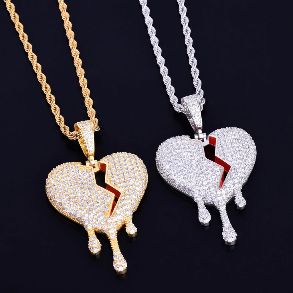 Drip Heart Necklace &amp; Pendant Gold Color Cubic Zircon Men&#39;s Women Hip Hop Jewelry