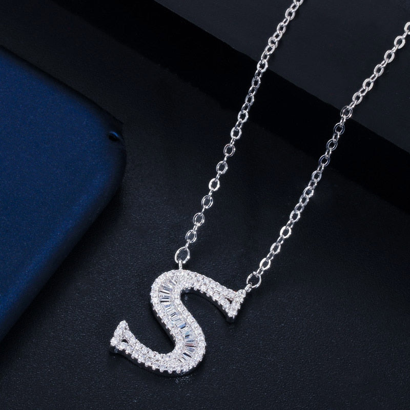 CWWZircons Elegant Shiny Cubic Zirconia Crystal 26 Initial Name Letter Pendant Necklace for Women DIY Custom Jewelry Gift  CP046