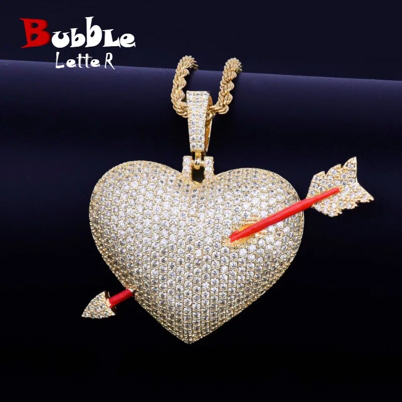 Heart Arrow Necklace &amp; Pendant Gold Color AAA Cubic Zircon Men&#39;s Hip Hop Jewelry