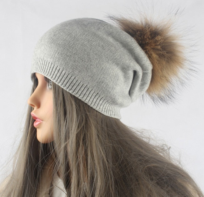 Autumn Winter Pompom Beanie Hat Women Wool Knitted Skullies Beanies Casual Female Cashmere Cap Real Raccoon Fur Pompom Hat