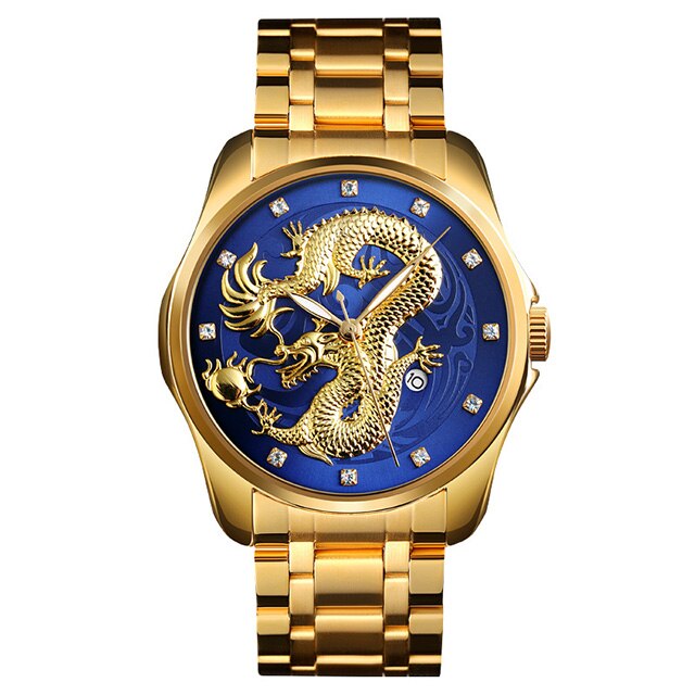 SKMEI New Luxury Chinese Dragon Pattern Men Golden Quartz Watch Male Watches Waterproof Wristwatches Relogio Masculino 9193