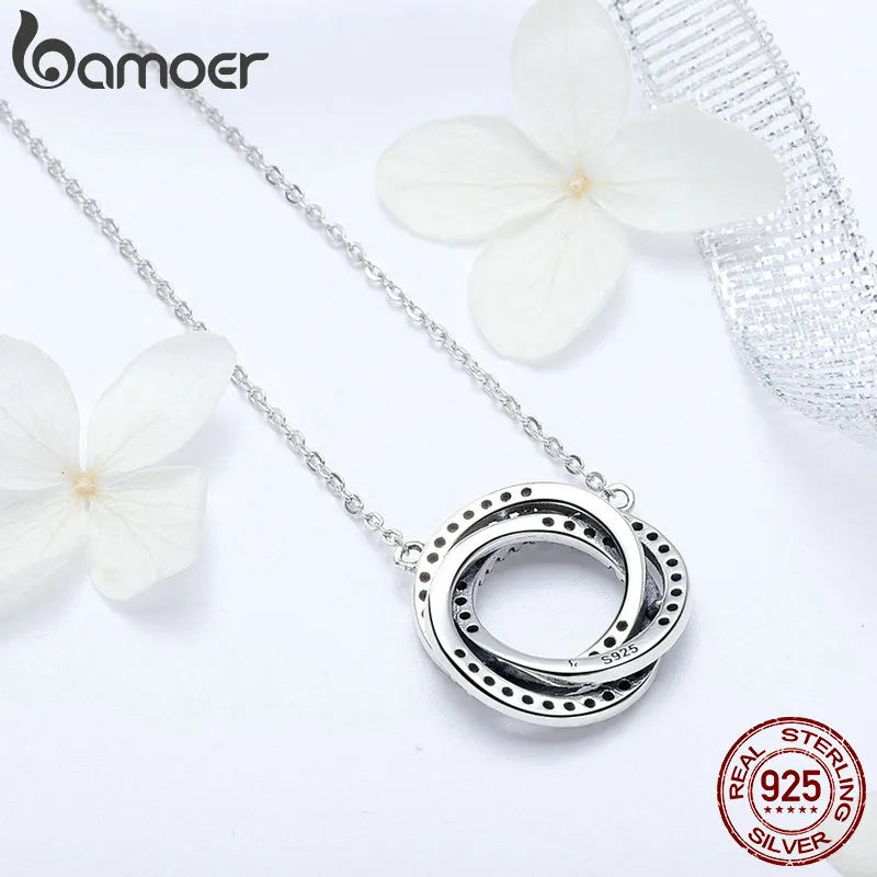 Bamoer Real 925 Sterling Silver Minimalism Geometric Stacked Circle Pendant Necklaces for Women Clear CZ Fine Jewelry SCN259