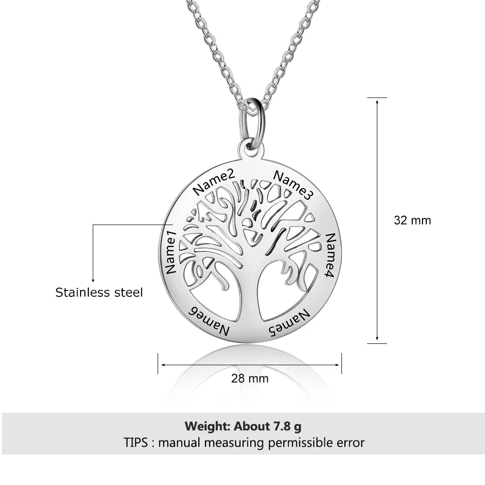 Personalized Family Tree Necklace Custom 6 Names Tree of Life Stainless Steel Pendant Necklace Gift for Mother (Lam Hub Fong)