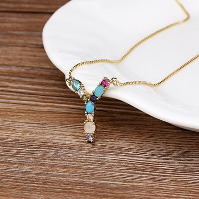 New Arrival Hot Sale Personal Name Letter Necklace Rainbow CZ Initials Alphabet Women Girls Gorgeous Family Jewelry Gift