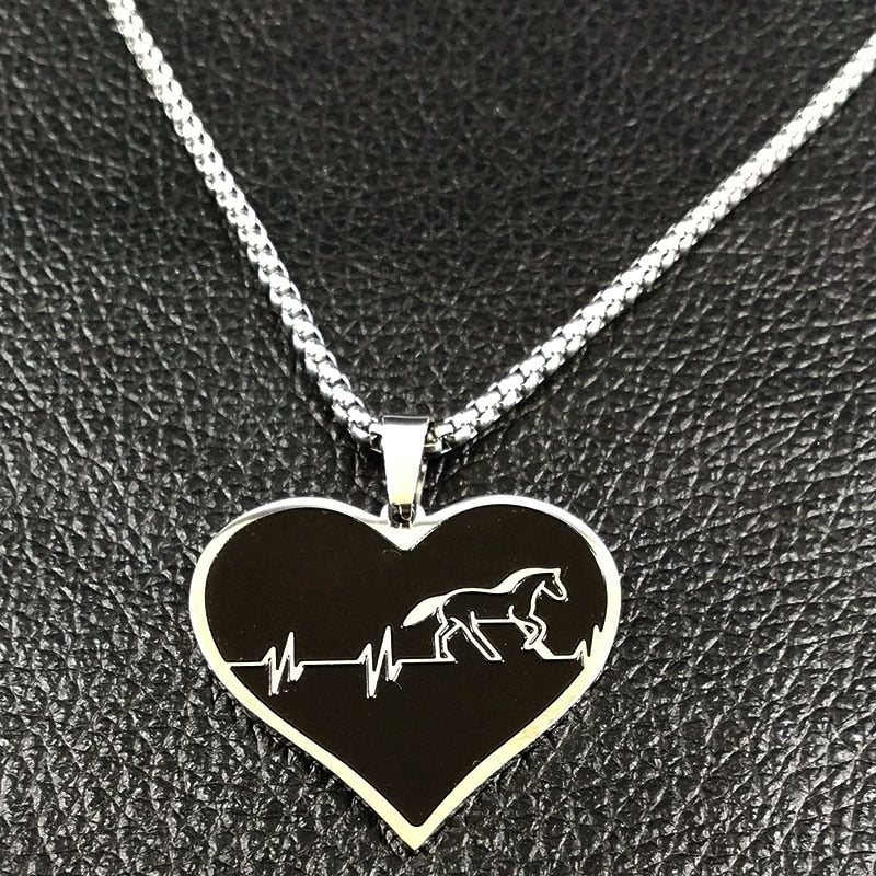 Fashion Horse Stainless Steel Choker Necklace for Men Silver Color Black Heart Necklace Jewelry colgante hombre N1048S01