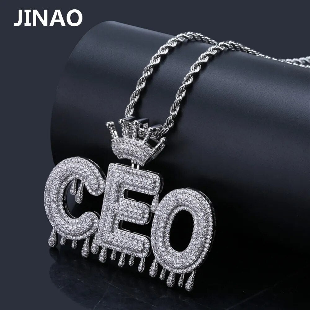 Custom Name Iced Out Crown Bubble Letters Chain Pendants Necklaces Men's Charms Zircon Hip Hop Jewelry Silver color Tennis Chain