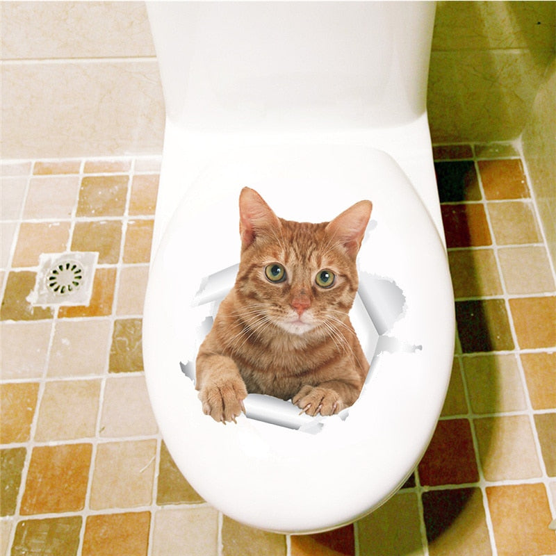 Vivid 3d Hole Cat Dog Animal Toilet Stickers Home Decoration Diy Wc Washroom Pvc Posters Kitten Puppy Cartoon Wall Art Decals