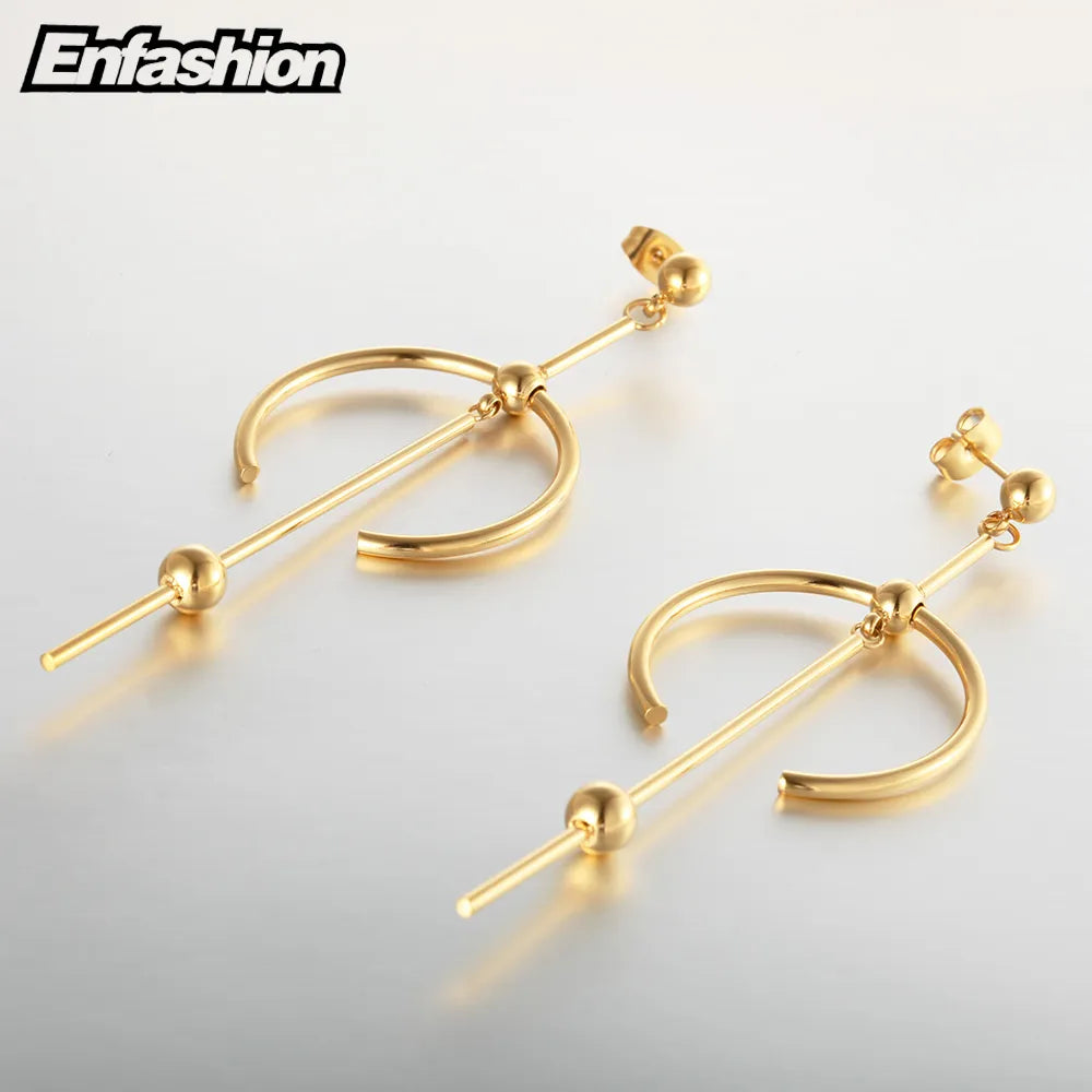 Enfashion Circle Line Dangle Earrings Gold color Earings Stainless steel Drop Earrings For Women Long Earring Jewelry brinco