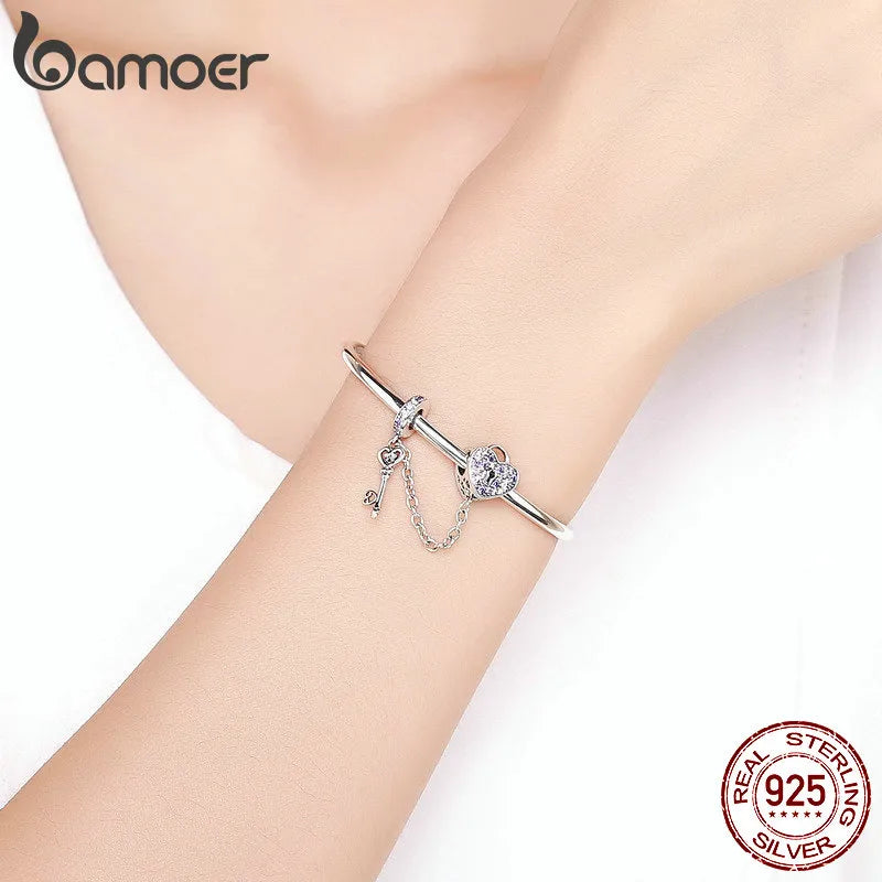 Bamoer 925 Sterling Silver Pink Heart Lock and Key Bracelet Bangle for Women Charm Bead DIY Valentine's Day Gift Jewelry SCB820