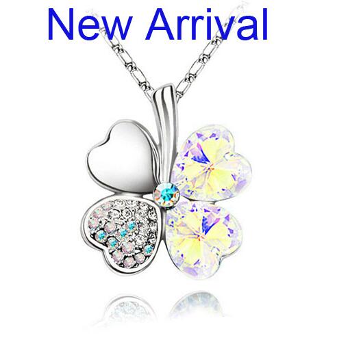 Elegant 12-Color Austrian Crystal Four Leaf Clover Pendant Necklace - White Gold Plated Fashion Jewelry for Women.