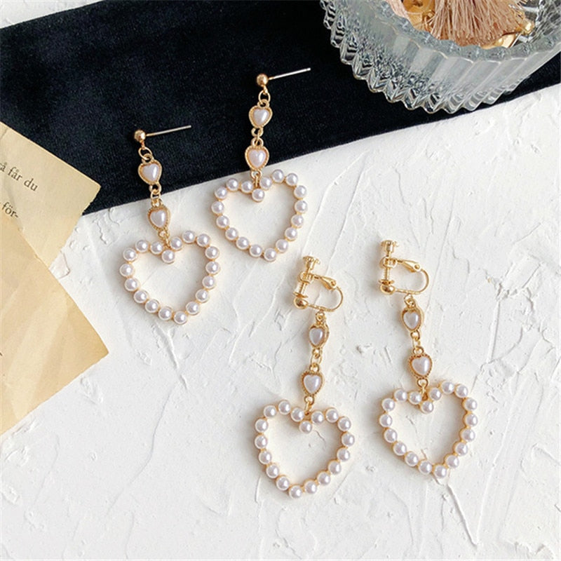 Fashion heart sutd earrings female  Popular long heart pearl earrings banquet jewelry accessories tassel earrings for women