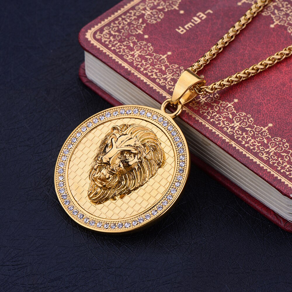 316L Titanium Steel Gold Color Round Lion Head Pendant Necklace with Zircon Fashion Hip Hop Rock Jewelry for Men and Women