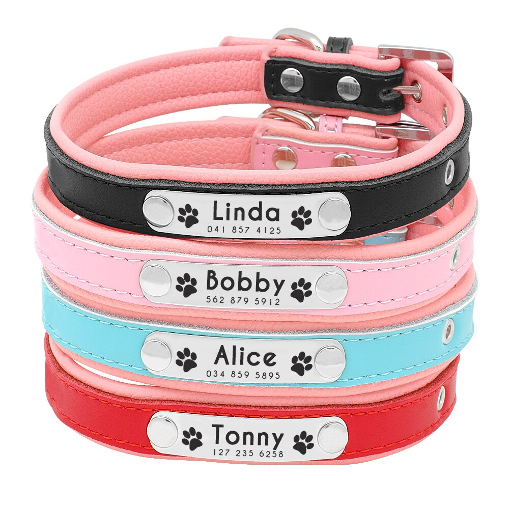 Personalized Dog Collars Leather Padded Customized Dogs Collars Name ID Collar For Small Medium Dogs Cats Blue Pink Black Red