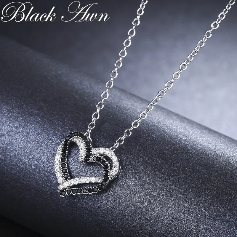 Black Awn Silver Color Necklace Women Jewelry Heart Black&amp;White Stone Pendants P107