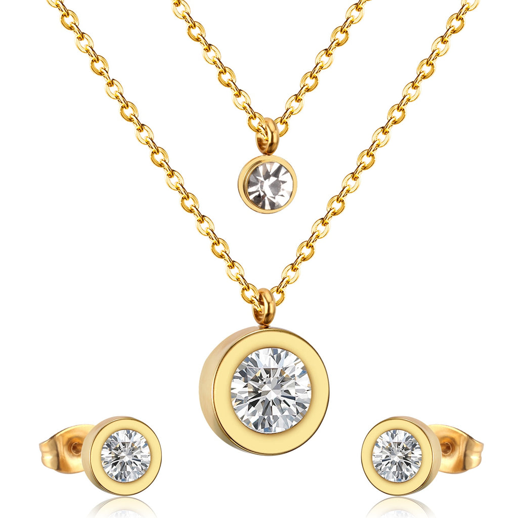 Stainless Steel Crystal Jewelry Set for Women and Girls: Luxury Double Round Pendant Necklace and Earrings.