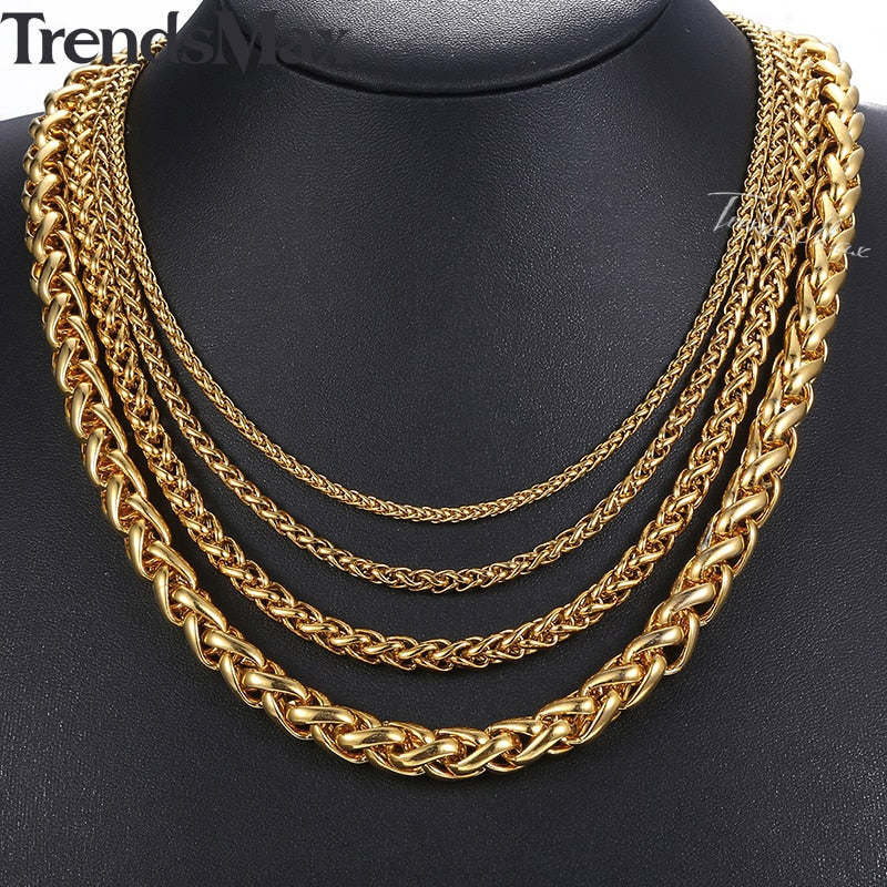 Length 3-10mm Men&#39;s Necklace Stainless Steel Gold Color Round Spiga Wheat Chain Hip Hop Jewelry Necklace For Men KNM136