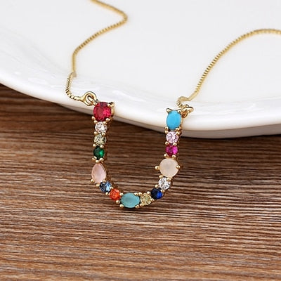 New Arrival Hot Sale Personal Name Letter Necklace Rainbow CZ Initials Alphabet Women Girls Gorgeous Family Jewelry Gift