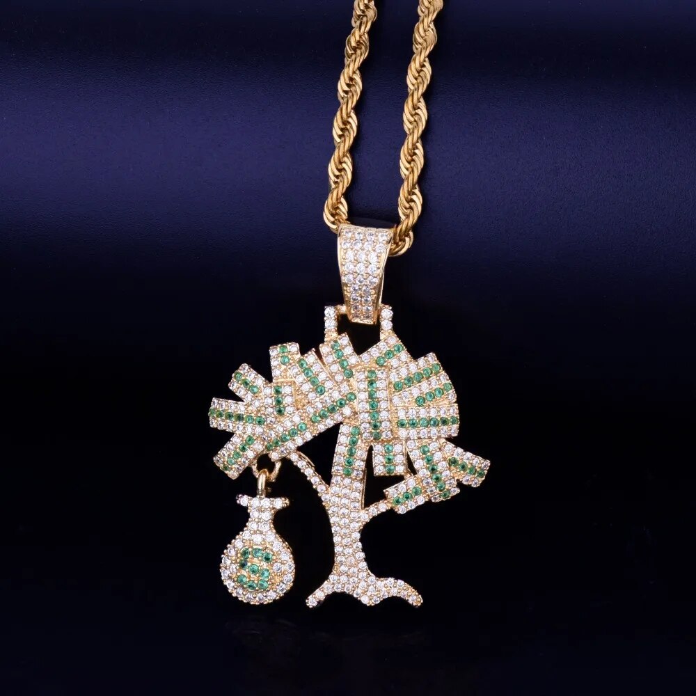 US Dollar MoneyTree Pendant Necklace &amp; Pendant Gold Color Cubic Zircon Men&#39;s Hip Hop Jewelry