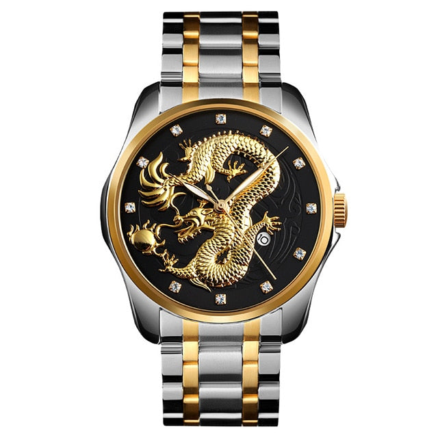 SKMEI New Luxury Chinese Dragon Pattern Men Golden Quartz Watch Male Watches Waterproof Wristwatches Relogio Masculino 9193