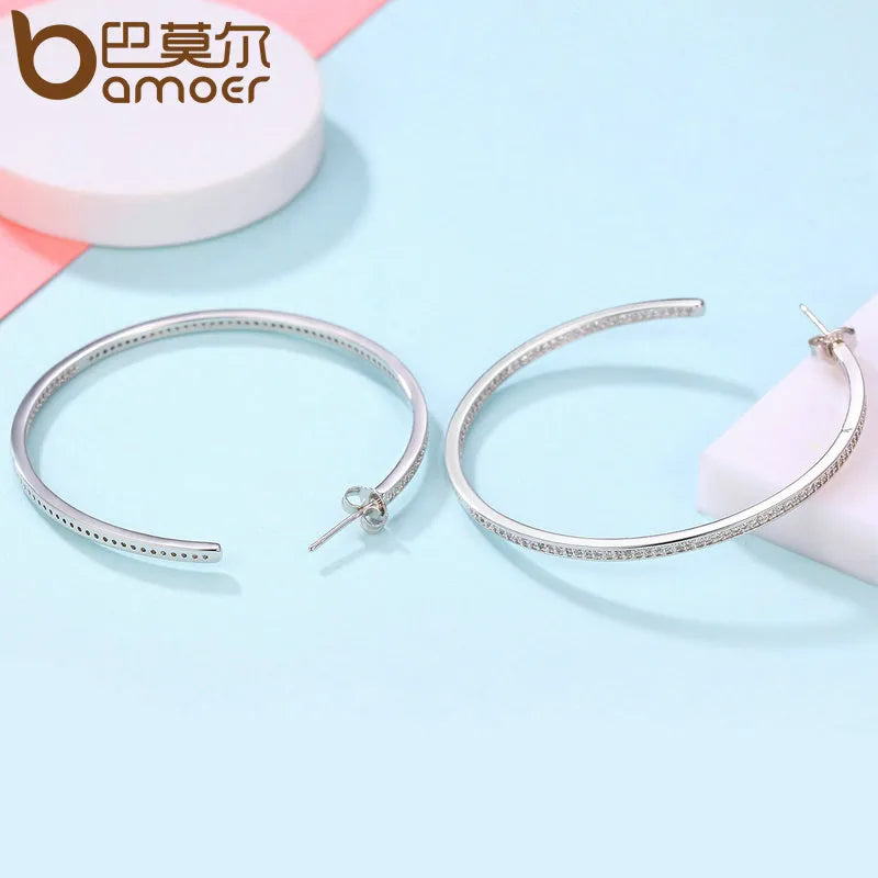 BAMOER New Collection Silver Color Luminous Clear CZ Circle Hoop Earrings for Women Fashion Earrings Jewelry Gift YIE115