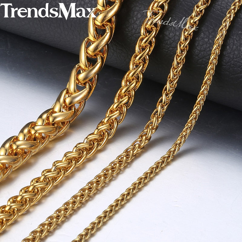 Length 3-10mm Men&#39;s Necklace Stainless Steel Gold Color Round Spiga Wheat Chain Hip Hop Jewelry Necklace For Men KNM136