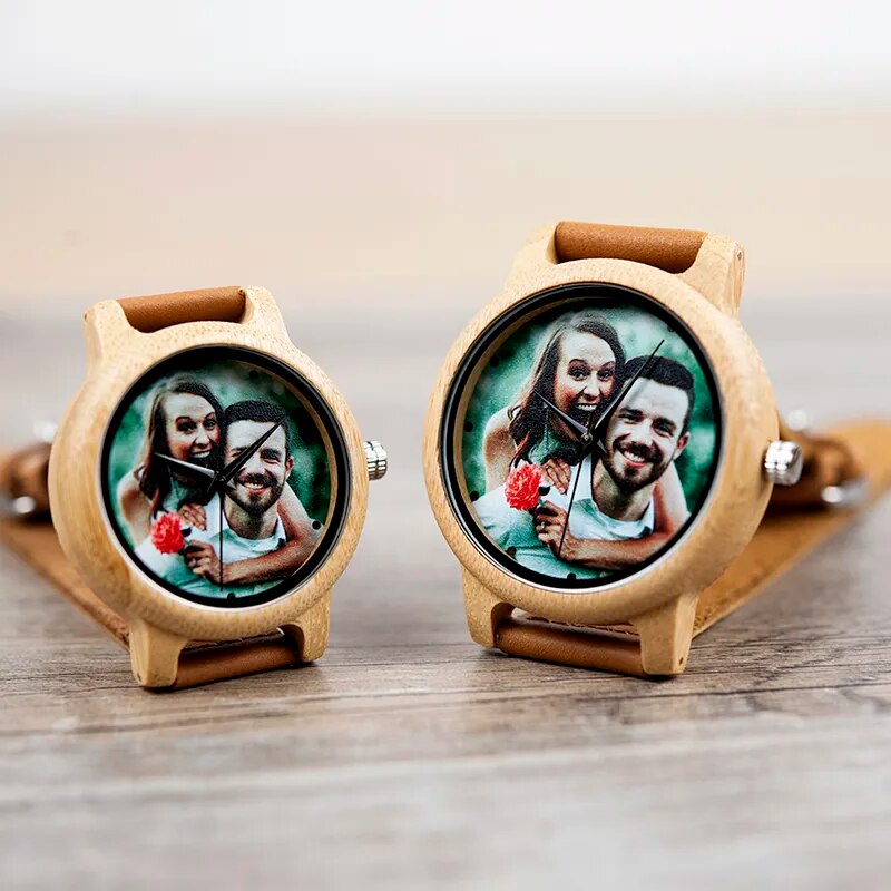 Creative Personalized Photo Watches for Men Women UV Printing Custom Bamboo Wood Watch for Couple Boyfriend Anniversary