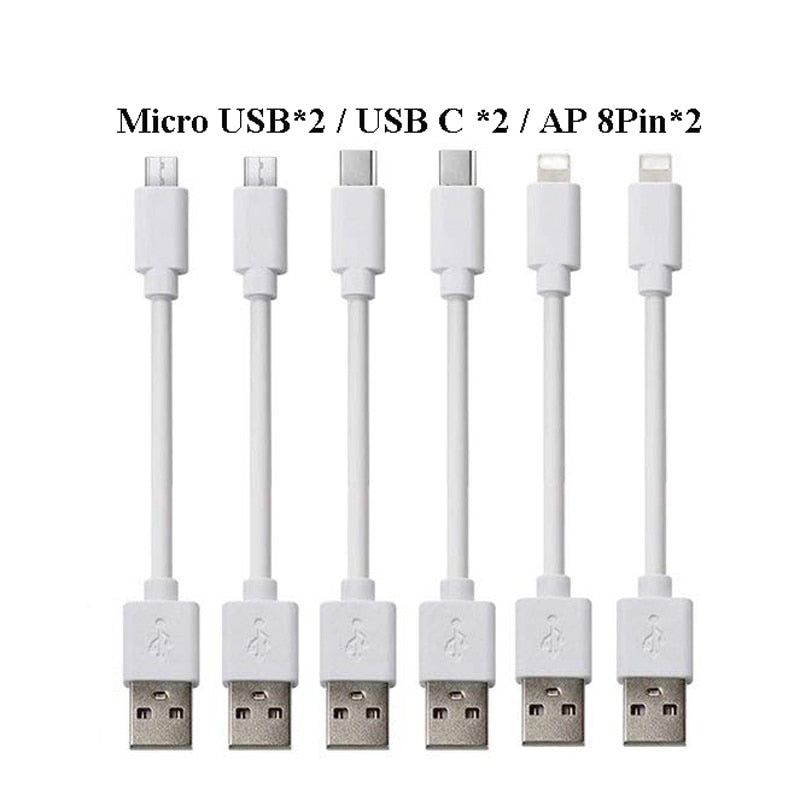 White 6PCS Short Cable 25CM Micro USB Type C Wire Charging Cord For iphone Android 2A Fast Charge Mobile Phone Charger Station