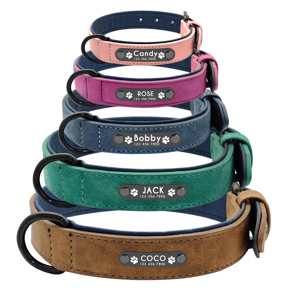 Personalized Dog Collar and Leash Leather Padded Customized Engraved Dogs Collars Lead Rope Set Bulldog Pitbull