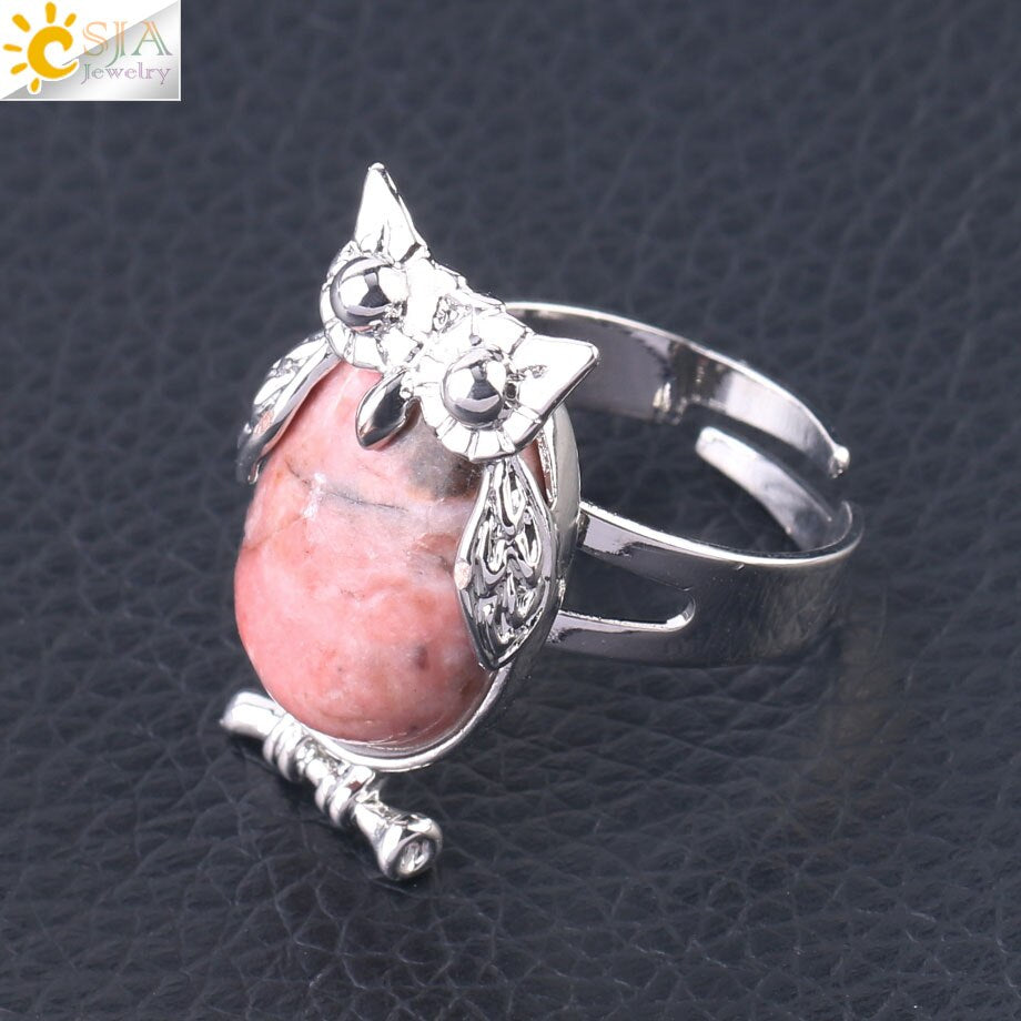 CSJA Lovely Owl Women Finger Ring Natural Stone Cabochon Bead Adjustable Rings Silver-color Cute Animal Charm Party Jewelry F566