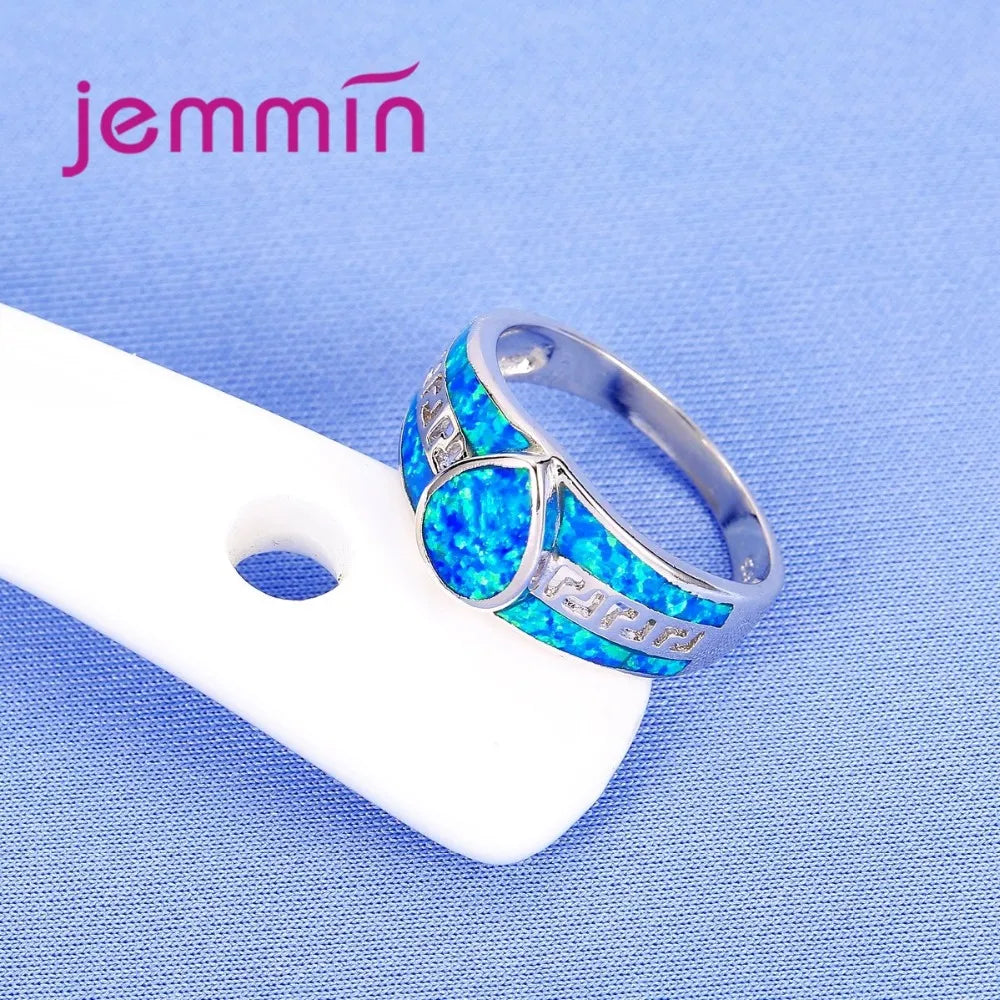 Simple Wide Wedding Hollow Ring Water Drop Crystal Shape Blue Fire Opal Ring Brilliant Jewelry for Women Female
