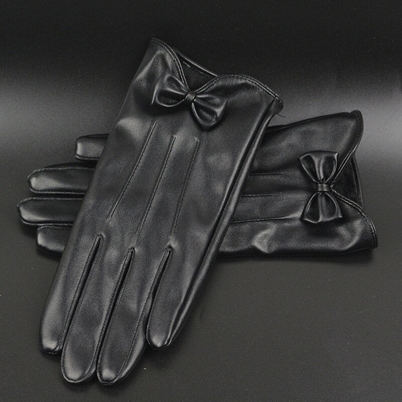 High-end leather female model warm cycling gloves for women who drive with touch screens, styled in a black bow (B7)