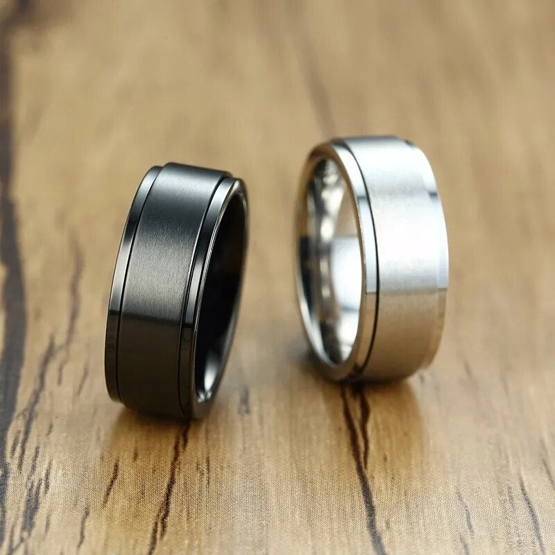 8MM Men's Top-Engraved Spinner Ring in Black and White Stainless Steel Men Wedding Band Male Jewelry Personalized