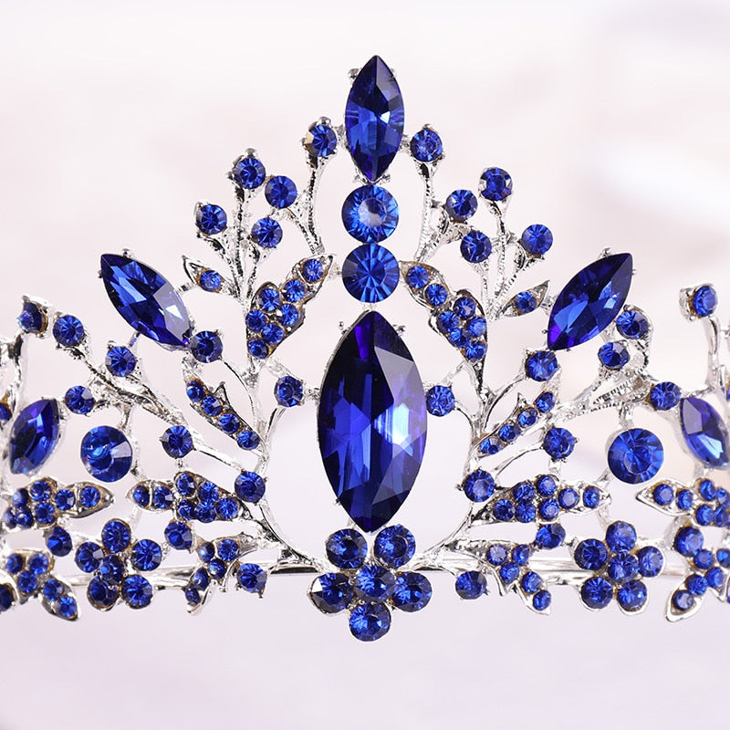 Baroque Luxury Blue Crystal Heart Bridal Tiaras Crowns Rhinestone Pageant Diadem Veil Tiara Headbands Wedding Hair Accessories